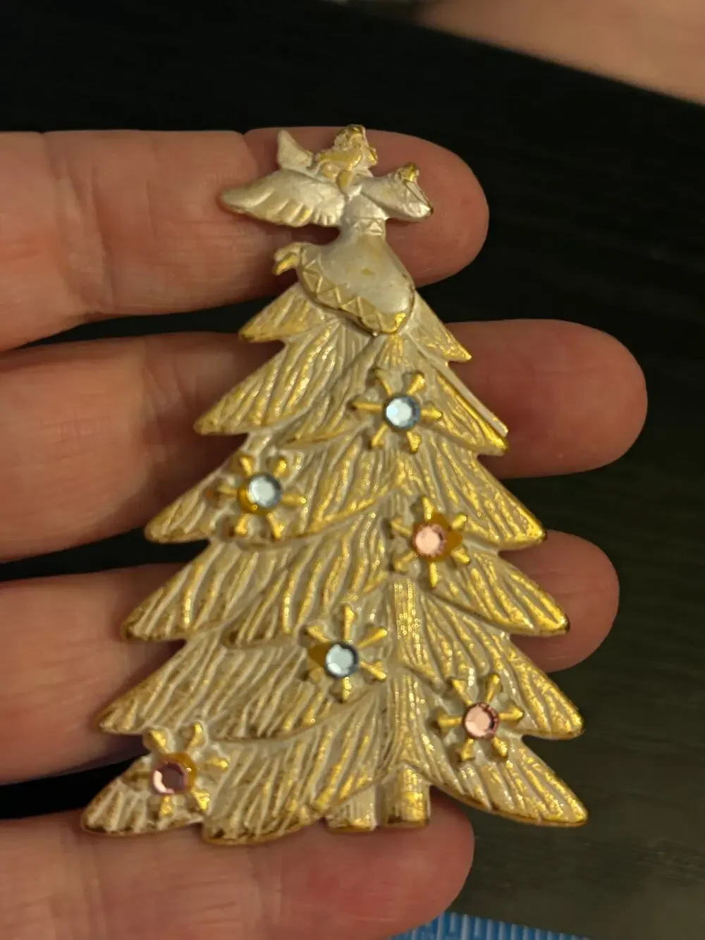 Vintage Style Gold Christmas Tree Brooch Angel Topper Pin